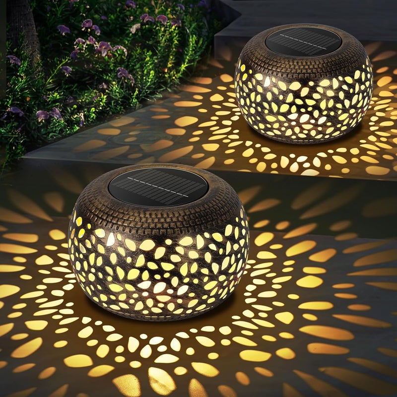 NFEVER Solar Lanterns Waterproof Outdoor Decor: 2 Pack Hollow Out Retro Metal Solar Lights, Unique Gardening Gifts for Women Mom, Outside Garden Yard Porch Lawn Indoor Tabletop Decorations, 2 Lighting Colors - Image 1